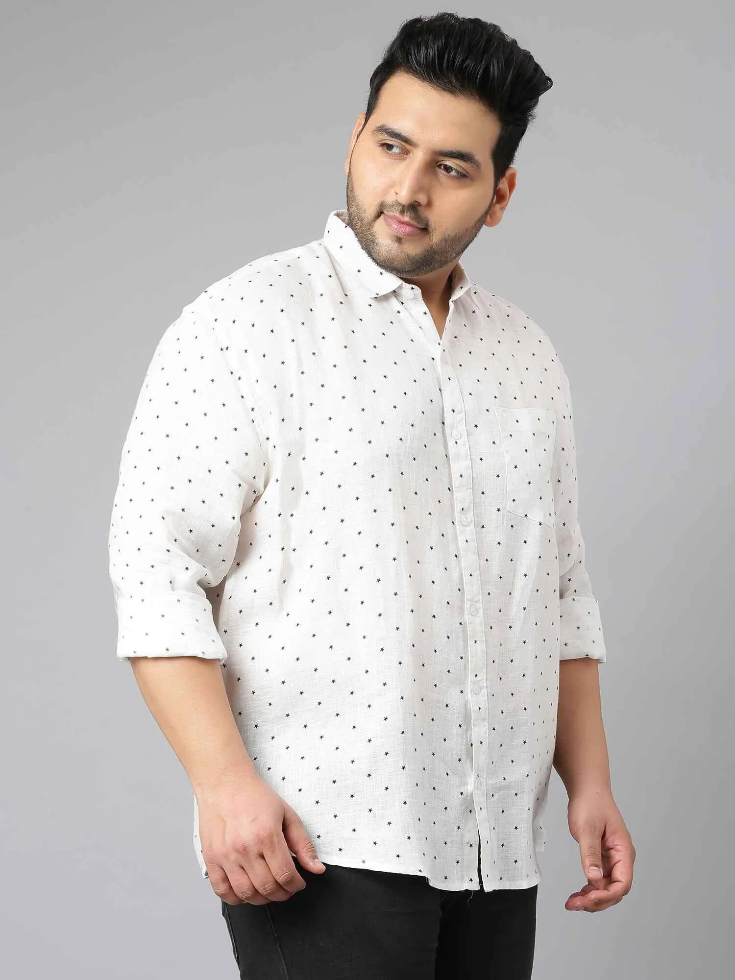 White Linen Printed Casual Shirt Men's Plus Size