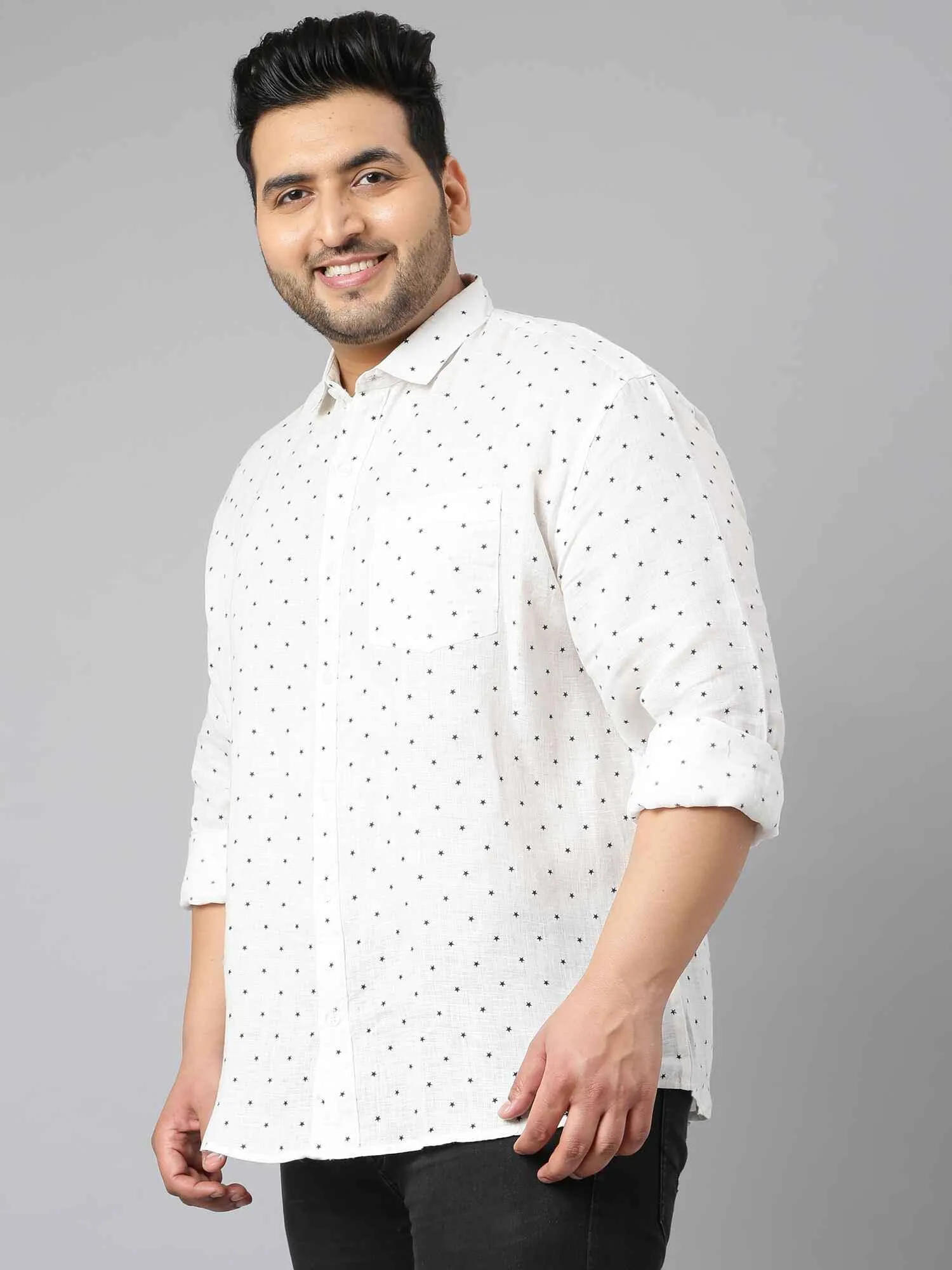 White Linen Printed Casual Shirt Men's Plus Size