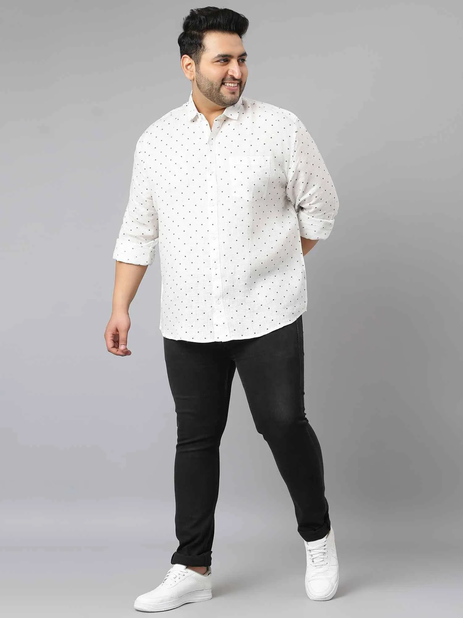 White Linen Printed Casual Shirt Men's Plus Size