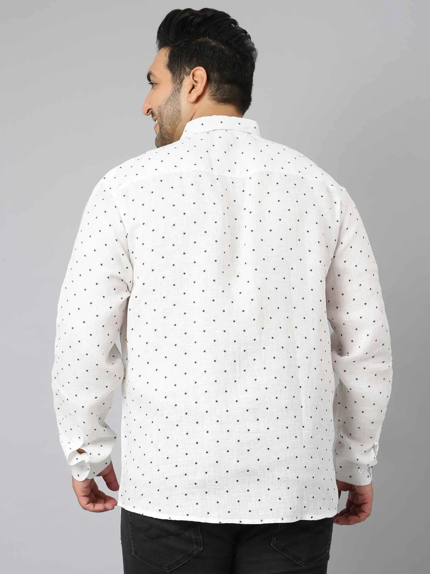 White Linen Printed Casual Shirt Men's Plus Size