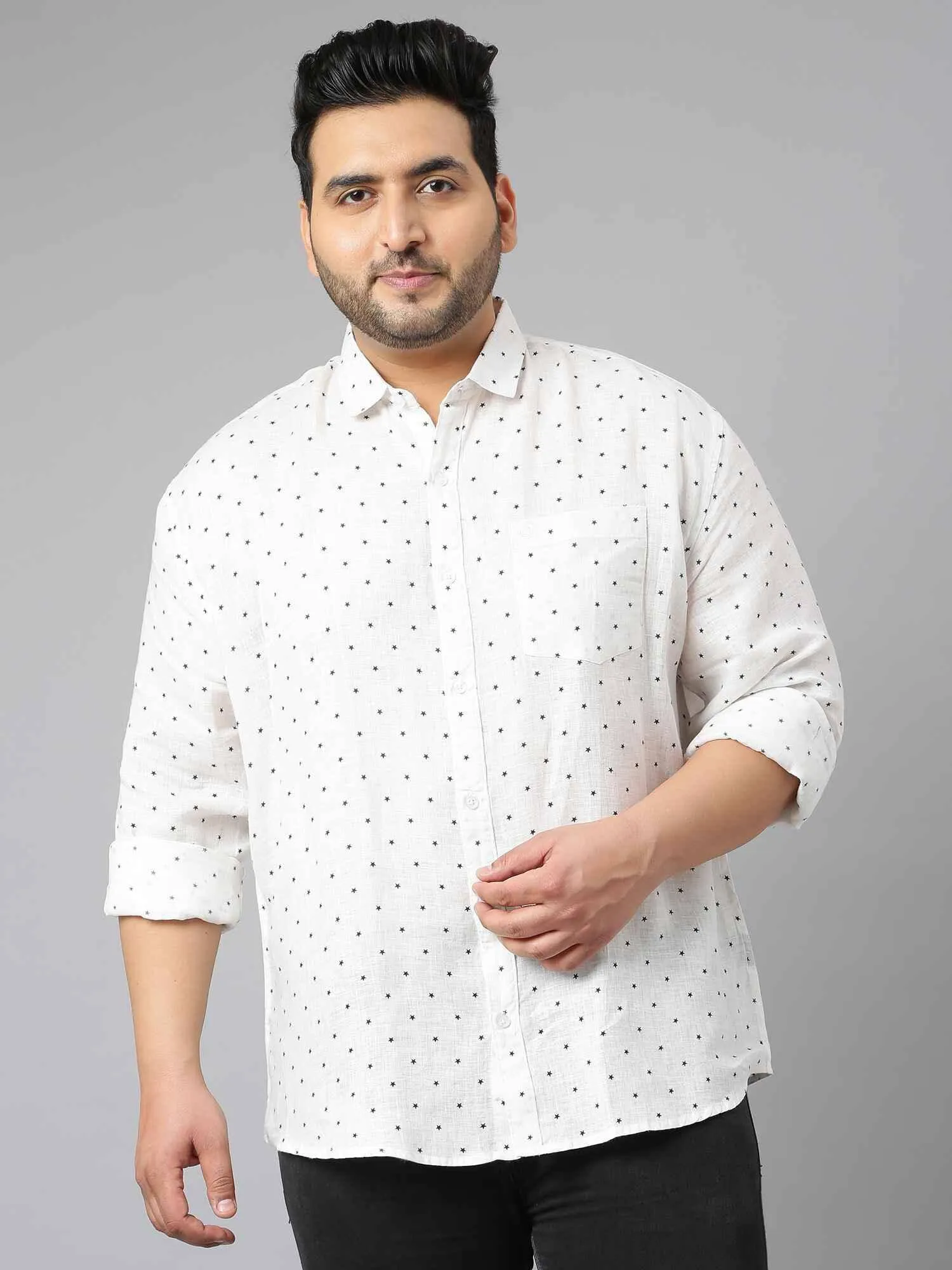 White Linen Printed Casual Shirt Men's Plus Size