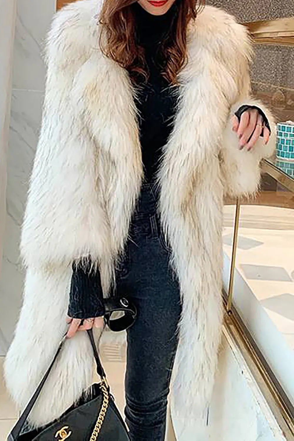 White Open Front Fluffy Long Shearling Faux Fur Coat