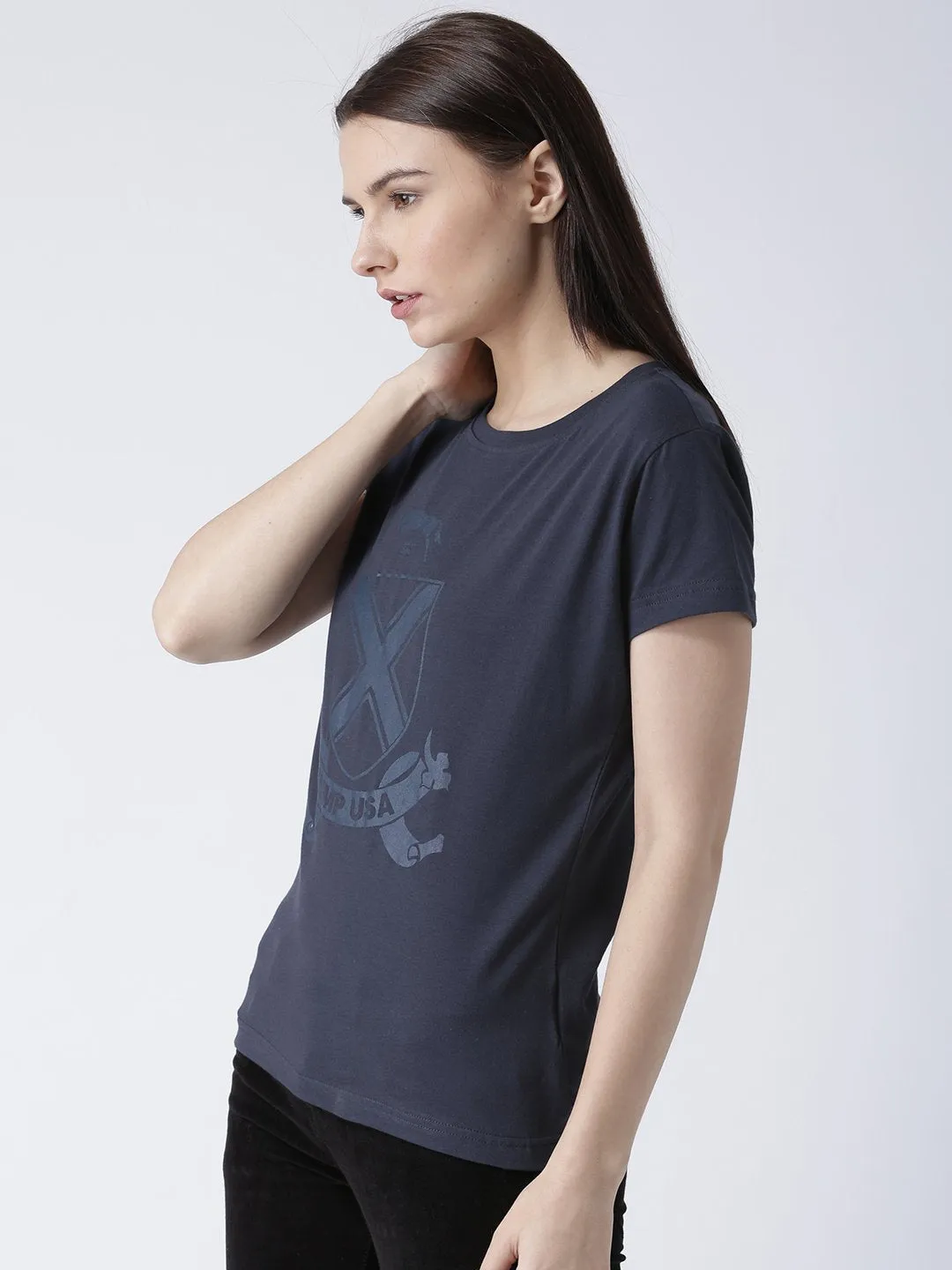 Women Navy Blue Solid Round Neck T-shirt