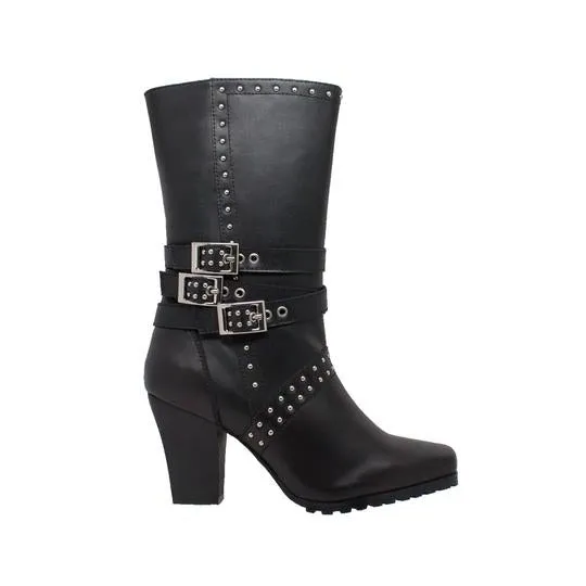 Women's 12" Heeled Buckle Boot Black Leather Boots