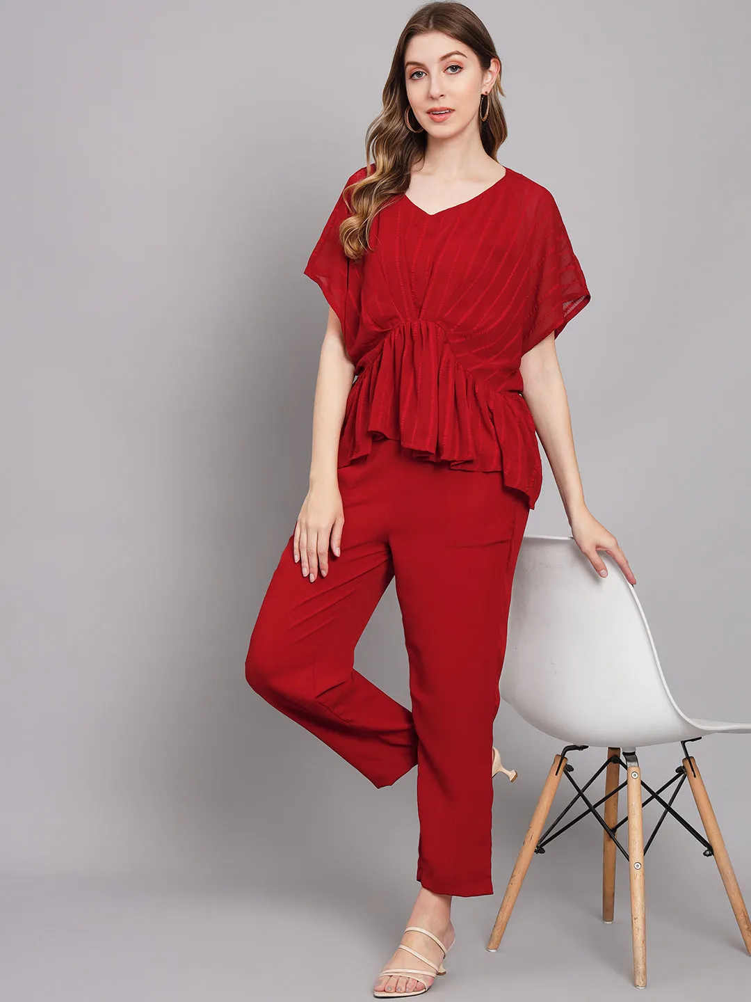 Women's Red Chiffon Gathered Kaftan Set