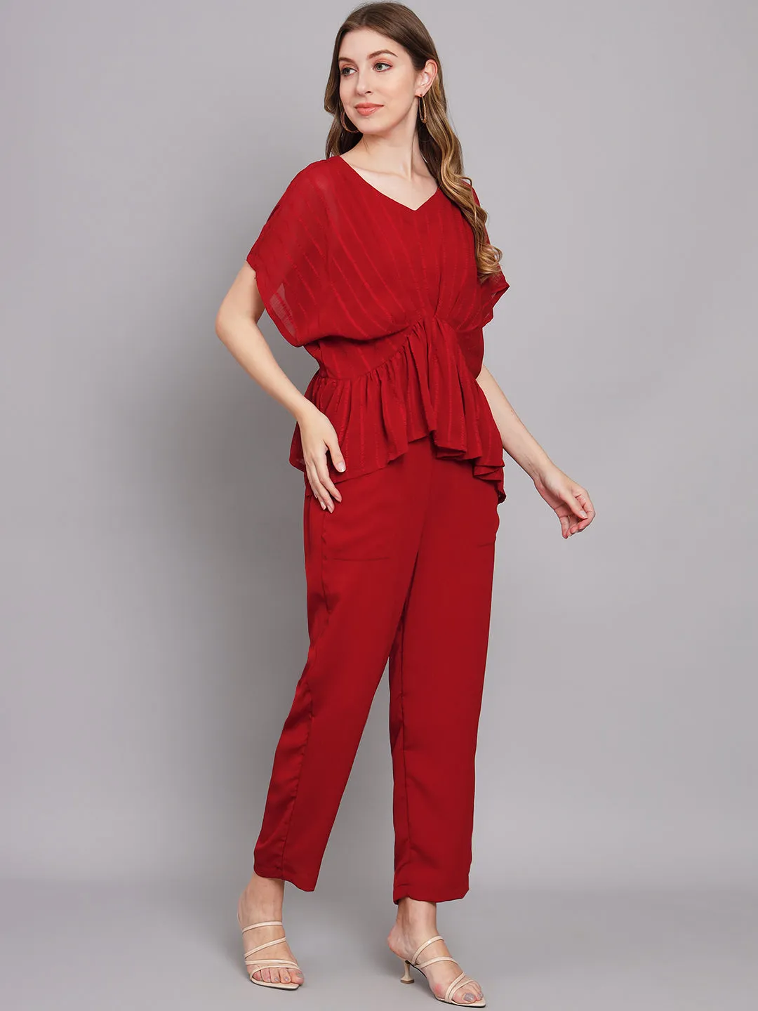 Women's Red Chiffon Gathered Kaftan Set