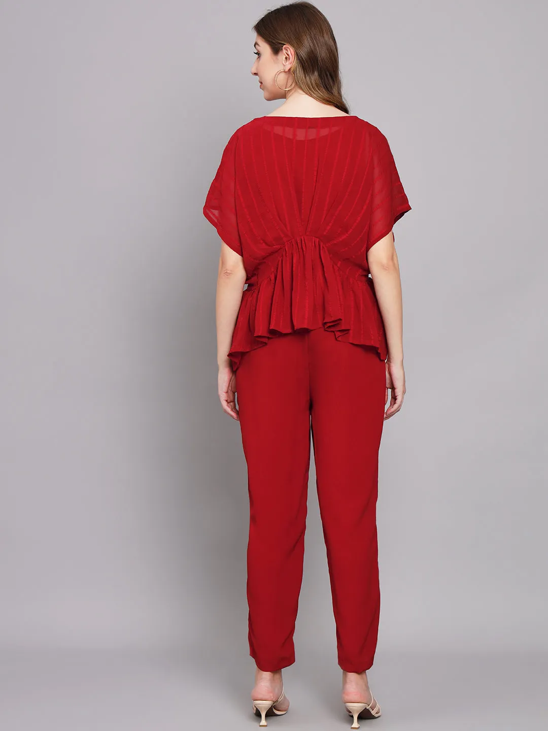 Women's Red Chiffon Gathered Kaftan Set