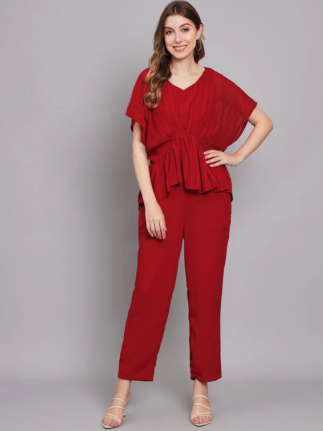 Women's Red Chiffon Gathered Kaftan Set