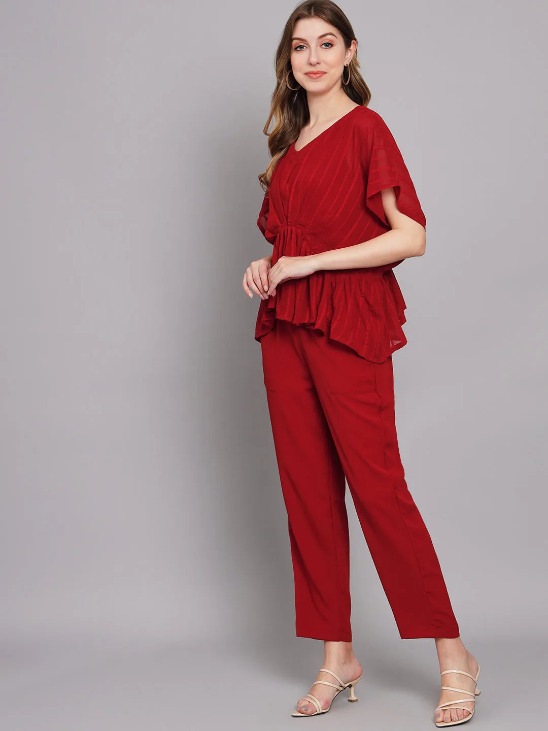 Women's Red Chiffon Gathered Kaftan Set